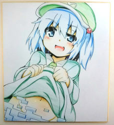 1girl blue_eyes blue_hair censored clothes_lift female_focus hair_bobbles hair_ornament hat kawashiro_nitori matching_hair/eyes naughty_face no_panties open_mouth photo_(medium) ryuu_(multitask) shikishi short_hair skirt skirt_lift smile solo touhou traditional_media twintails two_side_up