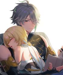 1boy 1girl absurdres alhaitham_(genshin_impact) black_gloves black_shirt black_sleeves blonde_hair blush book closed_eyes djinchnizhnsh1 dress fingerless_gloves genshin_impact gloves grey_hair hair_between_eyes hair_over_one_eye highres holding holding_book lumine_(genshin_impact) multicolored_hair open_mouth saliva shirt short_hair sleepy white_dress