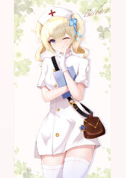 1girl absurdres alternate_costume bag barbara_(genshin_impact) blonde_hair blue_eyes character_name clipboard cross dress drill_hair genshin_impact gloves handbag hat highres holding holding_clipboard looking_at_viewer nurse nurse_cap one_eye_closed pisuke_(user_kcmh2774) red_cross short_sleeves smile solo thighhighs twin_drills twintails vision_(genshin_impact) white_dress white_gloves white_thighhighs zettai_ryouiki
