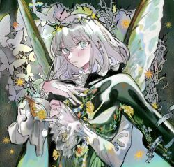 1boy arthropod_boy blue_eyes blush bug butterfly butterfly_wings crown crown_of_thorns diamond_hairband eurybia2 fate/grand_order fate_(series) grey_hair highres insect insect_wings long_sleeves looking_at_viewer male_focus medium_hair oberon_(fate) shirt solo upper_body white_shirt wings