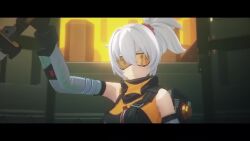 1girl 3d animated bouncing_breasts breasts goggles grey_hair highres looking_at_viewer orange_eyes ponytail soldier_11_(zenless_zone_zero) solo sword tagme video weapon zenless_zone_zero