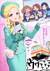 4girls absurdres arakawa_tarou ascot blonde_hair blue_hair blue_hat blue_jacket blue_skirt breasts brown_hair closed_eyes collared_shirt commentary_request fuurin_asumi gloves hanadera_nodoka hat healin&#039;_good_precure highres hiramitsu_hinata jacket large_breasts latte_(precure) long_hair long_sleeves looking_at_viewer medium_hair multiple_girls open_mouth pencil_skirt precure purple_eyes red_hair sawaizumi_chiyu shirt short_hair sidelocks sitting skirt smile tour_guide translation_request twintails white_ascot white_gloves white_shirt
