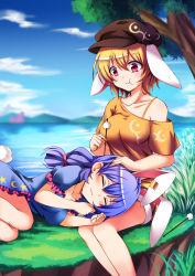 2girls :3 absurdres animal_ears blonde_hair blue_dress blue_hair blue_sky blurry blurry_background bra bra_strap breasts brown_hat closed_eyes cloud collarbone dango day dress earclip ears_down eating extra_ears floppy_ears food frilled_dress frills grass hair_between_eyes hair_tie hat highres koissa lap_pillow legs looking_at_another looking_down low_twintails medium_breasts mimikaki misty_lake moon_print mountain multiple_girls orange_bra orange_shirt outdoors rabbit_ears rabbit_tail red_eyes reflection ringo_(touhou) scarlet_devil_mansion seiran_(touhou) shirt shirt_slip short_dress short_hair shorts sitting sky split_ponytail star_(symbol) star_print tail thighs touhou tree twintails underwear wagashi water yellow_shorts