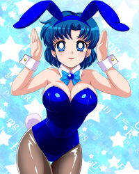 1girl animal_ears bishoujo_senshi_sailor_moon black_pantyhose blue_bow blue_bowtie blue_eyes blue_hair blue_leotard bow bowtie detached_collar fake_animal_ears highres leaning_forward leotard math mizuno_ami pantyhose pirochi playboy_bunny rabbit_ears rabbit_pose rabbit_tail short_hair solo star_(symbol) star_symbol_background tail thigh_gap wrist_cuffs