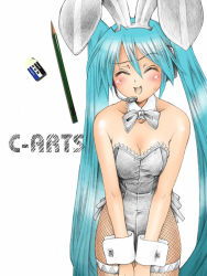 1girl animal_ears aqua_hair bare_shoulders breasts cleavage closed_eyes embarrassed eraser fake_animal_ears female_focus fishnet_pantyhose fishnets hatsune_miku headset leotard long_hair maguta maguta_(c-arts) microphone open_mouth pantyhose pencil playboy_bunny rabbit_ears solo tombow_mono twintails v_arms very_long_hair vocaloid wing_collar wooden_pencil wrist_cuffs