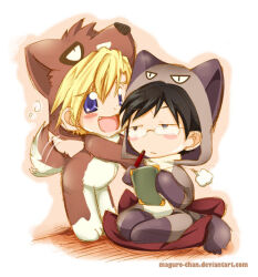 2000s_(style) 2boys animal_costume black_hair blonde_hair cat_costume chibi chibi_only commentary cosplay dog_costume english_commentary happy hood hood_up kigurumi maguro-chan male_focus multiple_boys ootori_kyouya open_mouth ouran_high_school_host_club purple_eyes short_hair sketch smile suou_tamaki tail tail_wagging yaoi