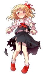 1girl alphes_(style) ascot black_dress black_vest blonde_hair blouse blush closed_mouth collar collared_shirt commentary_request dairi defeat dress frilled_collar frilled_sleeves frills full_body hair_ribbon large_variant_set long_sleeves looking_at_viewer mary_janes parody red_ascot red_eyes red_ribbon red_shoes ribbon rumia shirt shoes smile socks solo standing style_parody sweatdrop tachi-e torn_ascot torn_clothes torn_dress torn_shirt torn_sleeves torn_vest touhou transparent_background two-tone_ribbon variant_set vest white_ribbon white_sleeves white_socks white_trim