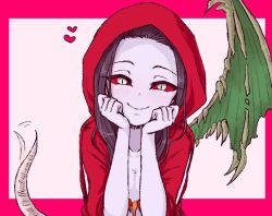1boy character_request closed_mouth colored_sclera colored_skin hood looking_at_viewer male_focus purple_skin red_sclera saga single_wing sm156 smile solo tail trap wings