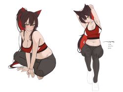 1girl absurdres alternate_costume alternate_hairstyle animal_ears armpits blue_archive breasts brown_hair cleavage colored_inner_hair daehoak fox_ears fox_girl highres large_breasts multicolored_hair multiple_views navel no_halo simple_background translation_request wakamo_(blue_archive) white_background yellow_eyes