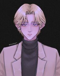 1boy black_background blonde_hair blue_eyes brown_hair commentary english_commentary expressionless highres itsnailasart johan_liebert male_focus monster_(manga) solo turtleneck twitter_username upper_body