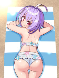 Rule 34 | 1girl, ahoge, ass, ass focus, azure striker gunvolt, backboob, bare shoulders, bikini, blush, breasts, cougar (cougar1404), from above, from behind, joule (gunvolt), looking at viewer, looking back, lying, multicolored hair, on stomach, purple eyes, purple hair, short hair, sideboob, smile, solo, swimsuit