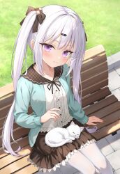 Rule 34 | 1girl, bench, blush, bow, breasts, brown skirt, cardigan, cat, closed mouth, collarbone, hair bow, hair ornament, hairclip, highres, long hair, long sleeves, looking at viewer, open cardigan, open clothes, original, outdoors, pantyhose, purple eyes, shirt, sitting, skirt, small breasts, smile, solo, suyamori, twintails, white hair, white pantyhose, white shirt