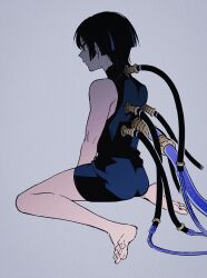 Rule 34 | 1boy, bare shoulders, black bodysuit, black eyes, black hair, blue hair, blunt ends, bodysuit, bright pupils, cable, closed mouth, genshin impact, grey background, hand between thighs, highres, looking to the side, male focus, multicolored hair, scaramouche (genshin impact), sitting, sleeveless, sleeveless bodysuit, solo, streaked hair, tochiko (spi), toenails, toes, wariza, white pupils, wide-eyed