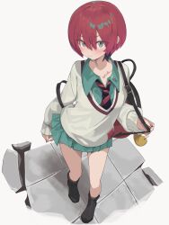 1girl amate_yuzuriha aqua_eyes bag boots dress gundam gundam_gquuuuuux hair_between_eyes highres necktie pleated_dress red_hair school_uniform solo sweater
