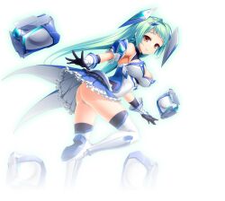 1girl aqua_hair armpits ass bare_shoulders black_gloves boots breasts cleavage exs-tia_aqua frilled_skirt frills gloves green_hair headgear highres kamitsurugi_ouka kouyoku_senki_exs-tia_concert kunijima_chiaki large_breasts leg_up long_hair looking_at_viewer mecha_musume medium_breasts official_art orange_eyes panties pantyshot simple_background skirt smile solo standing standing_on_one_leg thigh_boots thighhighs underwear white_background white_panties
