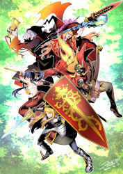 2boys 3girls :q absurdres arm_up armor armored_boots arrow_(projectile) bell black_gloves black_hair black_robe blonde_hair boots bow bow_(weapon) breastplate brown_boots bushidou_(sekaiju) bushidou_2_(sekaiju) chain closed_mouth commentary_request crown curse_maker curse_maker_1 doctor_magus doctor_magus_4 dress etrian_odyssey flat_cap gloves goggles goggles_on_headwear green_eyes green_hat green_jacket grey_hair grey_pants hair_between_eyes hair_ribbon hakama hakama_skirt handbell hat hat_bow highres holding holding_arrow holding_bell holding_bow_(weapon) holding_staff holding_sword holding_weapon hood hood_up hooded_robe jacket japanese_clothes knee_boots long_hair mini_crown multiple_boys multiple_girls nikki_kyousuke paladin_(sekaiju) paladin_2_(sekaiju) pants pink_bow polearm ponytail ranger_(sekaiju) ranger_1_(sekaiju) red_dress red_eyes red_hakama red_hat red_ribbon ribbon robe sarashi sekaiju_no_meikyuu sekaiju_no_meikyuu_2 shield skirt smile spear staff swept_bangs sword tongue tongue_out very_long_hair weapon witch_hat
