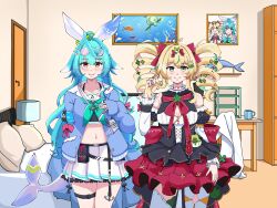 Rule 34 | 2girls, anchor, azuri delfi, bed, bed sheet, belly, blonde hair, blue hair, bow, breasts, closed mouth, clover, clover hair ornament, commission, cup, door, dress, drill hair, frog, frog hair ornament, hair bow, hair ornament, hair ribbon, highres, indoors, knee up, knees up, lamp, long hair, looking at viewer, mug, multiple girls, navel, nophilia, pillow, ribbon, room, short hair, skirt, small breasts, smile, standing, table, thighhighs, thighs, virtual youtuber