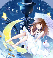 Rule 34 | 1boy, 1girl, alice (deemo), bare shoulders, black suit, blush, brown hair, clownfish, copyright name, deemo, deemo (character), detached collar, dress, dress tug, edamame 888, fish, formal clothes, hat, holding, holding umbrella, long hair, moorish idol, necktie, open mouth, rabbit, star (symbol), suit, top hat, tropical fish, umbrella, water, white dress, white umbrella