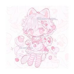 1girl animal_ears apron blush bow breasts cat_ears chibi chibi_only cleavage cleavage_cutout clothing_cutout cup dress flower frills full_body grey_hair hair_bow hair_ornament hairclip maid_apron memuro original pink_dress pink_eyes short_hair striped_clothes striped_thighhighs tail thighhighs white_apron white_background