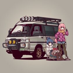 2girls :d absurdres aqua_eyes black_gloves black_pantyhose blue_hair blue_shorts book boots brown_footwear camping_chair fingerless_gloves gloves grey_shawl hair_bun highres jacket jestami kagamihara_nadeshiko looking_at_viewer mitsubishi_delica mitsubishi_motors motor_vehicle multiple_girls open_mouth pantyhose pink_hair pink_jacket purple_eyes shawl shima_rin shorts simple_background sitting smile sparkle v van vehicle_focus yurucamp