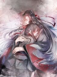 2boys ahoge bird bishounen black_hair black_hanfu chinese_clothes closed_eyes closed_mouth hair_bun hair_down hair_ribbon half_updo hanfu hug long_hair long_sleeves male_focus mo_xuanyu modao_zushi multiple_boys official_alternate_hairstyle ponytail rakkyhappy red_ribbon ribbon sidelocks single_hair_bun tears very_long_hair wei_wuxian wei_wuxian_(yiling_laozu) wide_sleeves