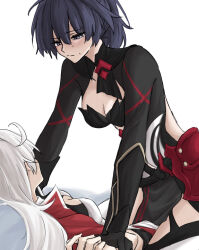 2girls black_coat blonde_hair blush breasts cleavage closed_mouth coat commentary highres honkai_(series) honkai_impact_3rd kiana_kaslana long_hair medium_breasts multiple_girls pinned purple_eyes purple_hair raiden_mei simple_background straddling sweat syonosuke9573 white_background white_hair yuri