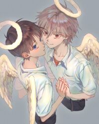 2boys angel_wings arms_up belt black_pants blue_eyes brown_belt brown_hair collarbone collared_shirt commentary crew_neck cropped_legs grey_background grey_hair hair_between_eyes halo highres holding_hands ikari_shinji interlocked_fingers looking_at_viewer looking_up male_focus multiple_boys nagisa_kaworu neon_genesis_evangelion open_collar orange_shirt pants parted_bangs red_eyes shirt short_sleeves simple_background symbol-only_commentary tyo1ng_ye white_shirt white_wings wing_collar wings