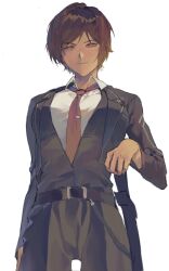 1girl arm_at_side belt black_belt black_pants black_vest brown_eyes brown_hair buyaozaoqi collared_shirt cowboy_shot cropped_jacket dark-skinned_female dark_skin dress_shirt formal_clothes grey_suit hand_on_weapon highres limbus_company necktie outis_(project_moon) pants project_moon red_necktie shirt short_hair simple_background solo suit vest white_background white_shirt