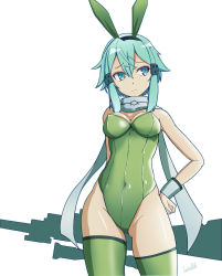1girl absurdres aqua_eyes aqua_hair artist_name batta_16-sei breasts contrapposto covered_navel female_focus gluteal_fold green_leotard green_thighhighs grey_scarf groin_tendon gun hair_between_eyes hair_ornament hairclip hand_on_own_hip highleg highleg_one-piece_swimsuit highres leotard looking_to_the_side medium_breasts one-piece_swimsuit playboy_bunny rifle scarf sinon solo swimsuit sword_art_online thighhighs thighs weapon white_background wrist_cuffs
