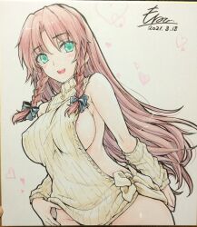 1girl alternate_costume black_bow blush bow braid breasts commentary_request dated earrings green_eyes heart highres hong_meiling jewelry large_breasts long_hair looking_at_viewer meme_attire monety naked_sweater necklace nipples no_headwear open_mouth pendant photo_(medium) red_hair shikishi sideboob signature smile solo sweater touhou traditional_media twin_braids very_long_hair virgin_killer_sweater yellow_sweater