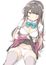 Rule 34 | 1girl, akara kai, black hair, bow, bowtie, bra, breasts, hairband, highres, kantai collection, large breasts, long hair, looking at viewer, multicolored hair, naganami (kancolle), naganami kai ni (kancolle), panties, pink hair, school uniform, sitting, solo, thighhighs, two-tone hair, underwear, wavy hair, white bra, white hairband, white panties, yellow eyes