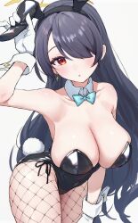 1girl :o alternate_costume animal_ears aqua_bow aqua_bowtie bare_shoulders black_hair blue_archive bow bowtie breasts cleavage commentary_request cross cross_earrings detached_collar detached_sleeves earrings fake_animal_ears fishnet_pantyhose fishnets hair_over_one_eye halo highres hinata_(blue_archive) jewelry large_breasts leotard long_hair looking_at_viewer pantyhose playboy_bunny rabbit_ears red_eyes simple_background solo yellow_halo yomizu_(rdad3278)