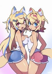 2girls :d animal_ear_fluff animal_ears artist_name ass bare_arms bare_shoulders blonde_hair blue_background blue_eyes blue_hair blue_shorts blush_stickers breasts camisole cleavage collar commentary cowboy_shot crossed_bangs dog_ears dog_girl dog_tail dot_nose fang from_behind fruithead fuwawa_abyssgard gradient_hair hair_ornament hairpin highres hololive hololive_english large_breasts legs_together long_hair looking_at_viewer looking_back multicolored_hair multiple_girls open_mouth parted_lips pink_background pink_eyes pink_hair pink_shorts short_hair short_shorts shorts siblings sisters skin_fang small_breasts smile spiked_collar spikes standing straight_hair tail two-tone_hair white_background white_camisole