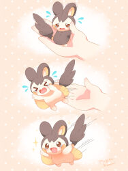 &gt;_&lt; 1other :d artist_name blush brown_eyes closed_eyes commentary_request disembodied_hand emolga flying flying_sweatdrops gen_5_pokemon highres holding holding_pokemon mugita_konomi nintendo open_mouth pokemon pokemon_(creature) polka_dot polka_dot_background scared smile sparkle tears yellow_background