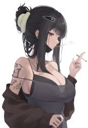 $hu 1girl absurdres airpods arm_tattoo barcode barcode_tattoo black_bra black_hair black_mask black_nails bra bra_peek breast_tattoo breasts butterfly_tattoo cigarette cleavage d_(killer_wife)_(nikke) d_(nikke) dongtan_dress dress fur_hair_tie goddess_of_victory:_nikke grey_dress hair_ornament hairclip highres looking_at_viewer looking_to_the_side mask mask_pull mouth_mask pencil_dress red_eyes sidelocks simple_background sleeveless sleeveless_dress smoking solo spaghetti_strap strap_slip tattoo underwear upper_body white_background wireless_earphones