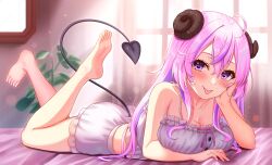 Rule 34 | 1girl, :p, ahoge, akine (kuroyuri), anesaki merino, arm under breasts, bare arms, bare legs, bare shoulders, barefoot, blush, breasts, buttons, camisole, cleavage, closed mouth, clothing cutout, collarbone, curled horns, curtains, day, demon horns, demon tail, eyelashes, feet up, flipped hair, frilled camisole, frilled shorts, frills, from side, full body, hair between eyes, hand up, head on hand, head rest, heart, heart-shaped pupils, highres, horns, indie virtual youtuber, indoors, large breasts, light, long hair, looking at viewer, lying, nail polish, on bed, on stomach, pink eyes, pink hair, pink nails, pink ribbon, plant, ribbon, shorts, smile, soles, solo, spaghetti strap, sunlight, symbol-shaped pupils, tail, tail through clothes, toes, tongue, tongue out, underwear, virtual youtuber, white camisole, white shorts, window