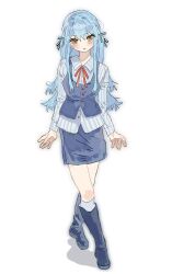 1girl absurdres bang_dream! bang_dream!_it&#039;s_mygo!!!!! black_boots black_skirt black_vest blue_hair boots chinese_commentary closed_mouth commentary_request full_body highres inumi_(780956) kneehighs long_hair long_sleeves looking_at_viewer neck_ribbon red_ribbon ribbon shirt sidelocks simple_background skirt socks solo togawa_sakiko vest white_background white_shirt white_socks yellow_eyes