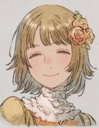 1girl closed_eyes closed_mouth dungeon_meshi falin_touden flower grey_hair hair_flower hair_ornament highres light_blush maeka_(kumaekake) neck_ruff portrait red_flower red_shirt shirt short_hair smile solo two-tone_shirt upper_body yellow_flower yellow_shirt
