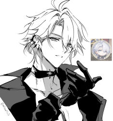 1boy antenna_hair black_choker black_gloves black_shirt choker collared_shirt commentary gloves greyscale highres honkai:_star_rail honkai_(series) looking_at_viewer male_focus minarii_s monochrome official_alternate_costume parted_bangs phainon_(fashion)_(honkai:_star_rail) phainon_(honkai:_star_rail) photo_inset shirt simple_background solo symbol-only_commentary upper_body white_background