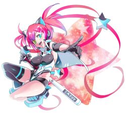 1girl argostars_-_fierce_parthe bare_shoulders baseball_bat black_boots black_gloves black_shorts black_thighhighs blue_eyes boots capelet duel_monster full_body gloves green_eyes heterochromia holding holding_baseball_bat leotard long_hair red_hair seisei_neko shorts single_thighhigh solo star_(symbol) thighhighs twintails very_long_hair white_capelet white_leotard yu-gi-oh!