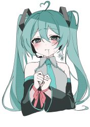 Rule 34 | 1girl, absurdres, ahoge, aqua eyes, aqua hair, aqua necktie, bound, bound wrists, collared shirt, cropped torso, detached sleeves, hair ornament, hatsune miku, heart, heart-shaped pupils, heart ahoge, highres, long hair, long sleeves, looking at viewer, necktie, parted lips, saliva, shirt, simple background, sleeveless, sleeveless shirt, solo, sweat, symbol-shaped pupils, tearing up, twintails, upper body, vocaloid, white background, yukia 1128