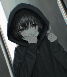 1girl black_hoodie brown_hair closed_mouth empty_eyes green_eyes hair_over_eyes hands_up highres holding holding_key hood hoodie key light_blush mask mouth_mask original sakiika0513 short_hair smile solo upper_body zipper_pull_tab