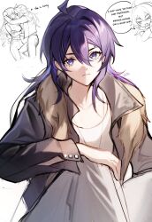 2girls black_jacket blue_eyes blue_hair bronya_rand closed_eyes closed_mouth commentary english_text eyebrow_piercing face_piercing hair_between_eyes hand_on_own_knee highres honkai:_star_rail honkai_(series) jacket knee_up leg_between_thighs long_hair looking_at_viewer mie_xing multiple_girls open_mouth pants piercing seele_(honkai:_star_rail) sitting solo_focus symbol-only_commentary yuri