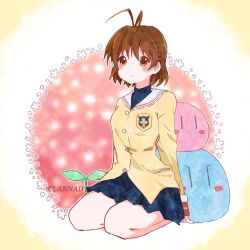 Rule 34 | 1girl, antenna hair, blue skirt, brown eyes, brown hair, clannad, copyright name, dango daikazoku, dress, full body, furukawa nagisa, hikarizaka private high school uniform, jacket, pleated dress, sailor collar, school uniform, skirt, solo, stuffed toy, suiryuu (suiryu 47), white sailor collar, yellow jacket