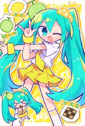 &gt;_&lt; 1girl :d ;d \m/ aqua_hair blush border checkerboard_cookie chibi chibi_inset collared_shirt commentary_request cookie diagonal-striped_clothes diagonal-striped_necktie double-parted_bangs double_\m/ feet_out_of_frame food fruit hair_between_eyes hatsune_miku highres holding holding_cookie holding_food lemon lemon_melon_cookie_(vocaloid) long_hair looking_at_viewer melon necktie one_eye_closed open_mouth outline outside_border plaid_clothes plaid_skirt pleated_skirt richard_(richaball) shirt short_sleeves skirt smile socks standing striped_background striped_clothes twintails vocaloid white_border white_outline white_shirt white_socks xd yellow_background yellow_necktie yellow_skirt