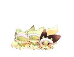 :3 :d :o black_hat blush closed_eyes closed_mouth commentary fur-trimmed_headwear fur_trim hat highres nintendo no_humans open_mouth pokemon pokemon_(creature) red_eyes simple_background smile sprigatito symbol-only_commentary white_background yupo_0322