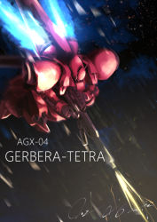 Rule 34 | character name, firing, flying, from above, gerbera tetra, gun, gundam, gundam 0083, holding, holding gun, holding weapon, mecha, mobile suit, no humans, robot, serike w, solo, space, weapon, zeon