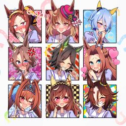 Rule 34 | 6+girls, a passing phantom, absurdres, anger vein, animal ears, black hair, blue hair, blush, breasts, brown hair, buena vista (umamusume), chart, closed eyes, closed mouth, commentary request, daiwa scarlet (umamusume), embarrassed, fang, forehead, grin, hair ornament, hair over one eye, hairband, hat, heart, highres, horse ears, horse girl, k.s.miracle (umamusume), kawakami princess (umamusume), long hair, looking at viewer, medium hair, multiple girls, narita taishin (umamusume), north flight (umamusume), one eye closed, open mouth, ponytail, portrait, purple eyes, sakura bakushin o (umamusume), school uniform, smile, tracen school uniform, tsundere, twintails, umamusume, vodka (umamusume), winning ticket (umamusume)