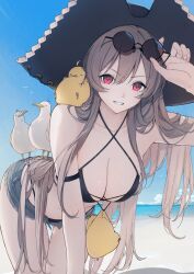 1girl absurdres animal animal_on_shoulder azur_lane beach bent_over bikini bikini_under_clothes bird bird_on_back bird_on_shoulder black_bikini black_hat breasts brown_hair cleavage collarbone commentary_request criss-cross_halter day denim denim_shorts front-tie_bikini_top front-tie_top grin halterneck hat hatski.sin highres holding holding_removed_eyewear jean_bart_(azur_lane) jean_bart_(private_apres_midi)_(azur_lane) large_breasts long_hair looking_at_viewer micro_shorts ocean official_alternate_costume outdoors red_eyes round_eyewear shorts smile solo sunglasses swimsuit unworn_eyewear very_long_hair
