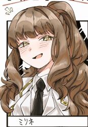 1girl black_necktie brown_hair collared_shirt green_eyes hana_association_south_uniform jacket library_of_ruina long_hair looking_at_viewer mirinae_(project_moon) necktie no_eyewear open_mouth ponytail project_moon q38jkwbeuo7116 shirt simple_background solo upper_body white_background white_jacket white_shirt